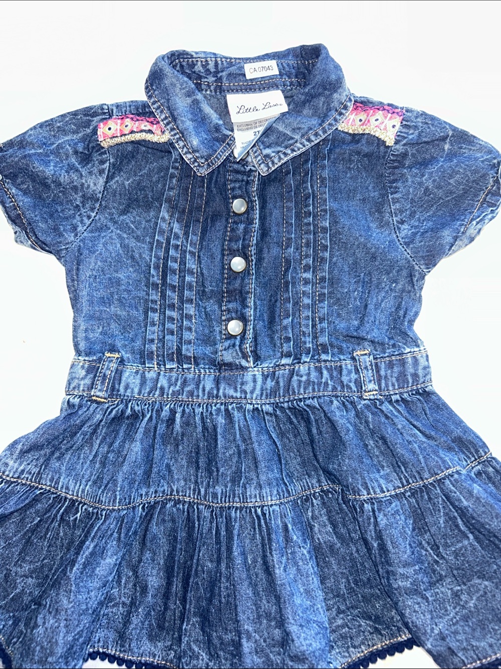 Little Lass Denim Tiered Dress with Pink Shoulder Trim